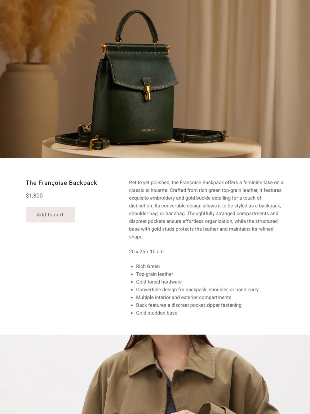 Bolvaint Paris Rich Green Leather Backpack with Gold Hardware